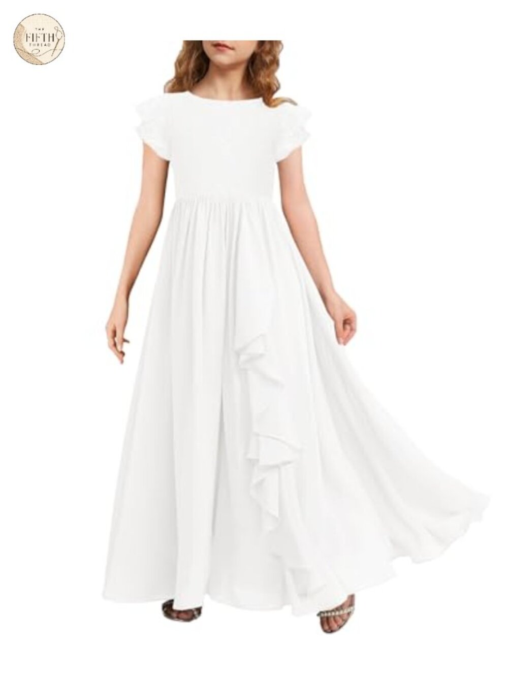 Girls Lace Chiffon Formal Flower Girl Dress Ruffle Sleeve A-Line Maxi